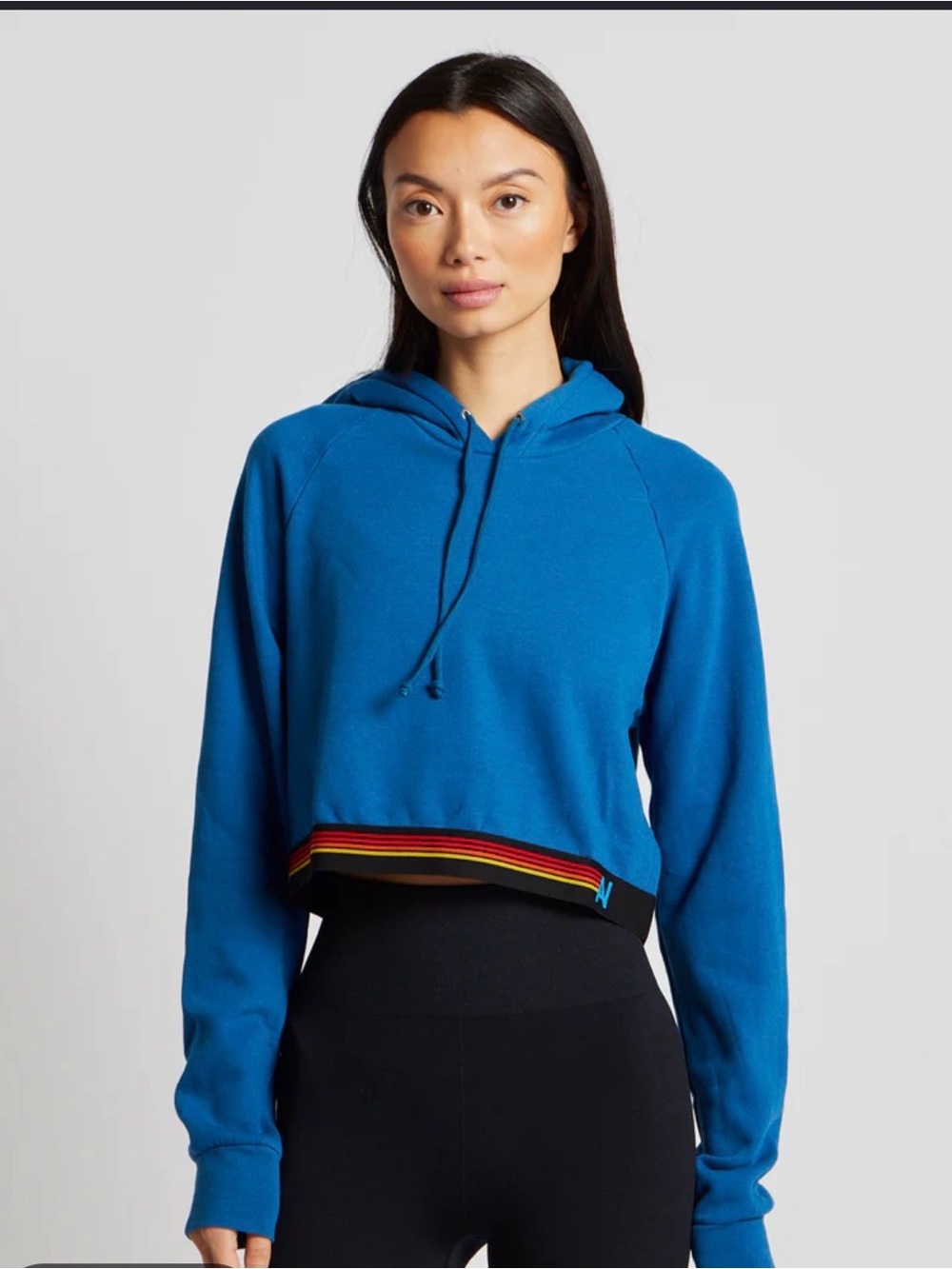 Aviator Nation Royal Blue Cropped Hoodie with Rainbow Stripe Hem